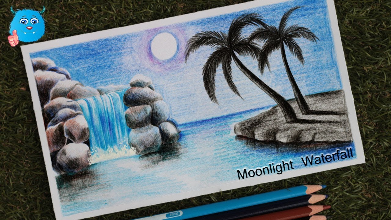 How to Draw Moonlight Waterfall Scenery with Colored Pencils step by step
