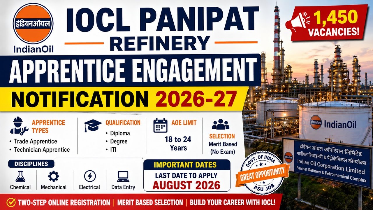 🚨 IOCL Apprentice Recruitment 2026 | 1450 Vacancies | No Exam | Apply Online