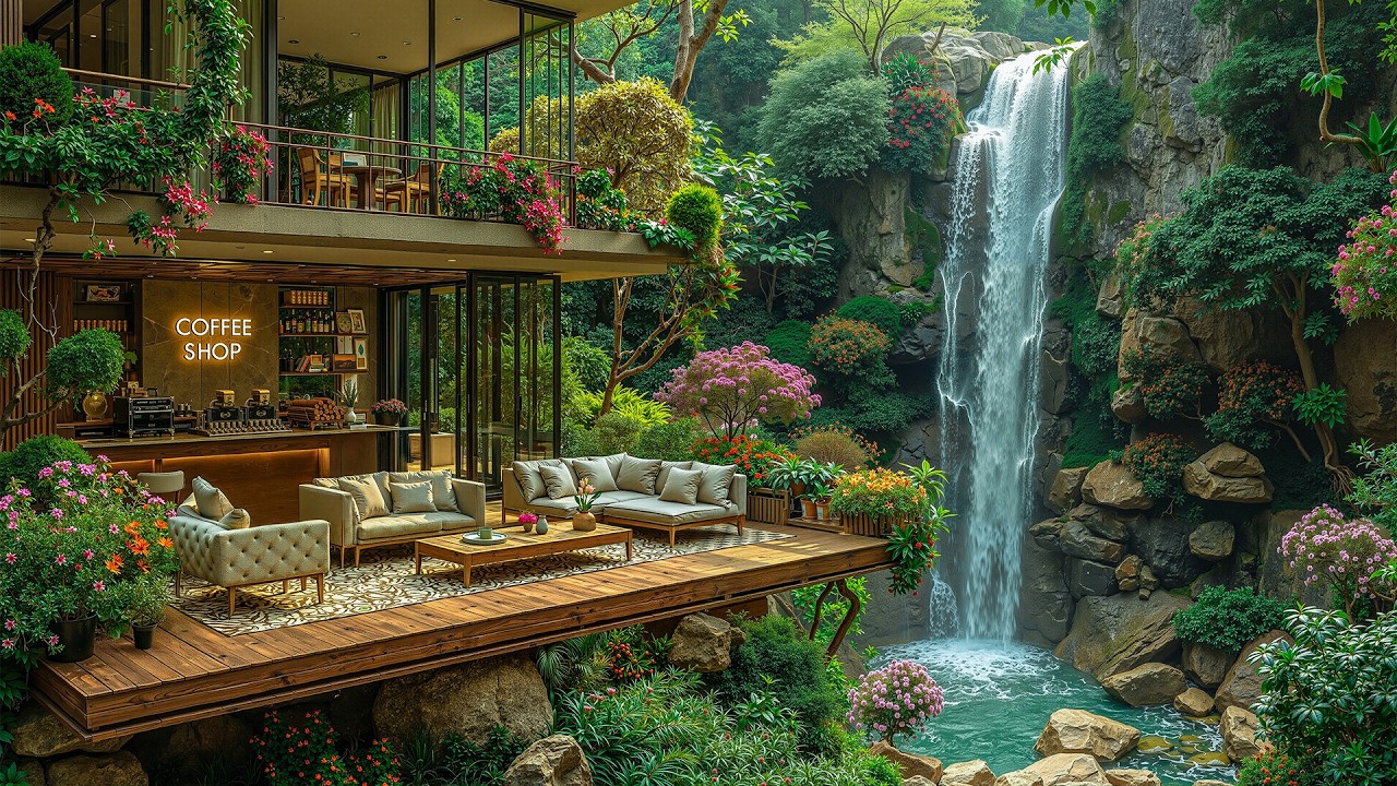 Serene Outdoor Coffee Shop Jazz on a Terrace with Waterfall View 🌿Spring Jazz for Relaxation