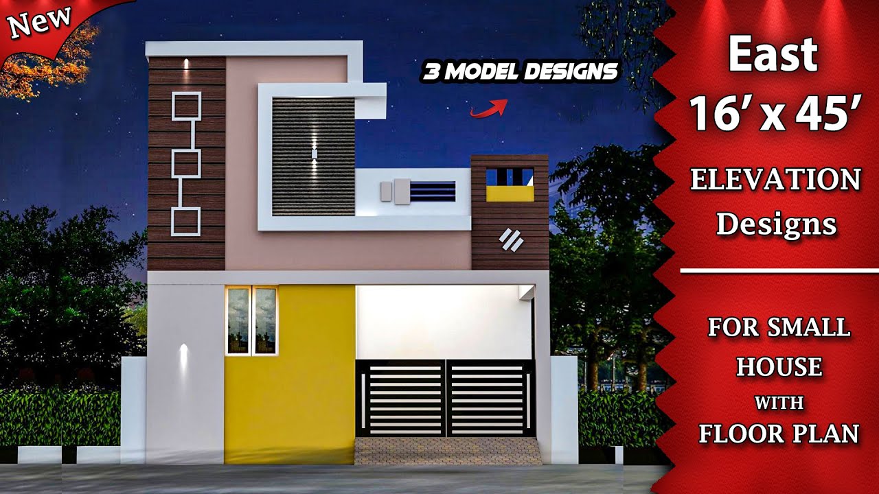 16 x 45 Small House Front Elevation Designs with Floor Plan | Single Floor Elevation | East Facing