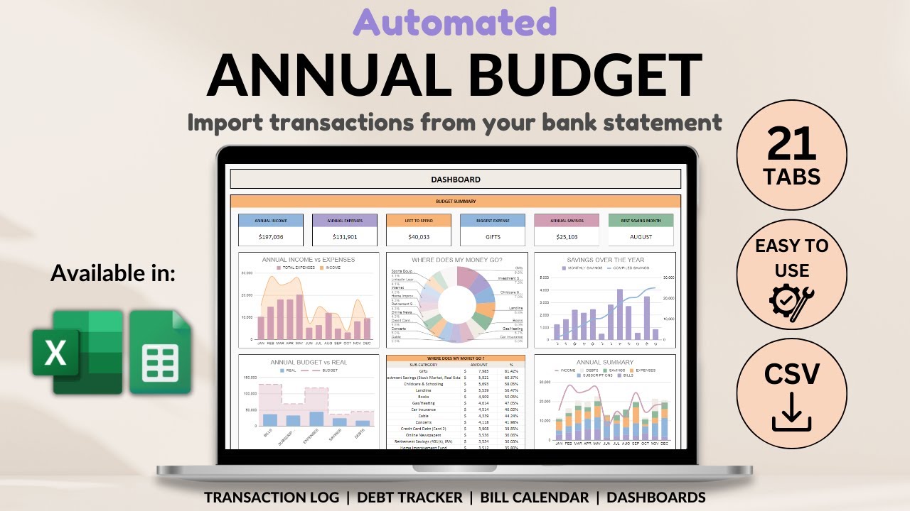 Automated Annual Budget Tutorial - Import transaction from CSV - Debt tracker - Track your payments