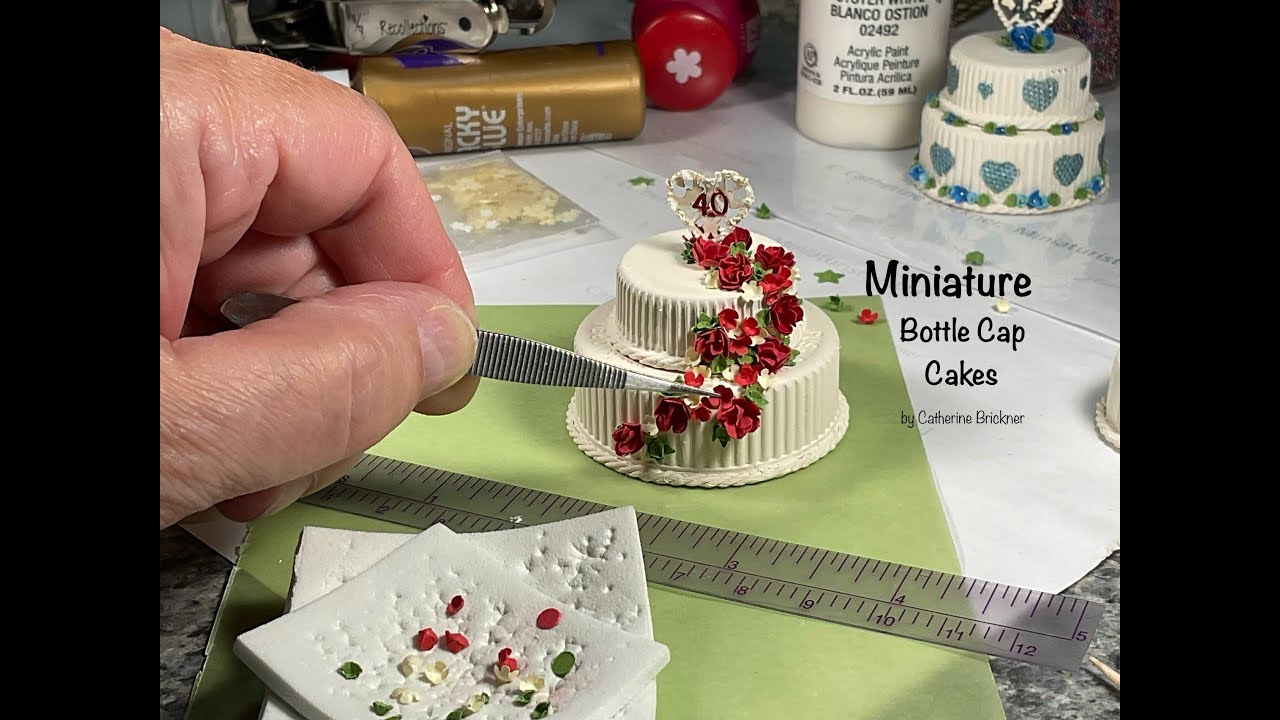 Miniature DIY project repurposing plastic bottle caps for Faux cakes in small displays or as gifts
