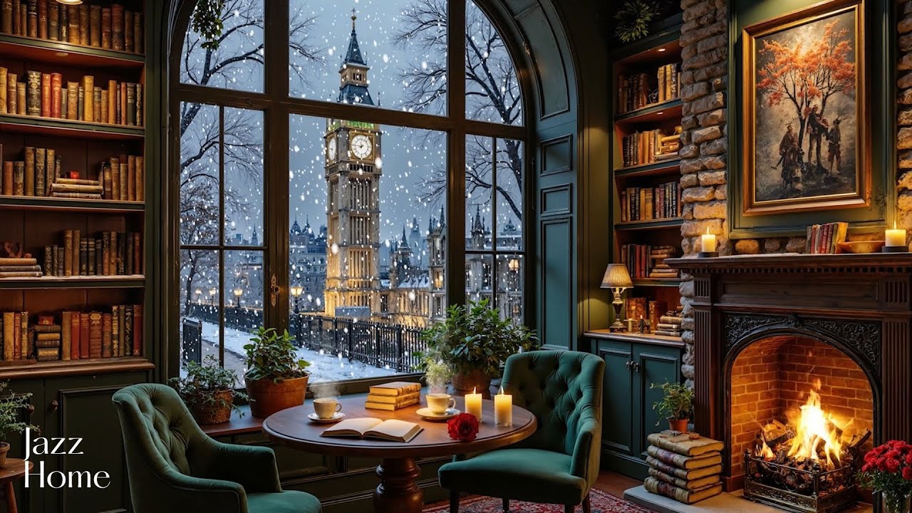 Peaceful January Winter Fireplace Ambience❄️Cozy Jazz Music & Quiet Snowy Day Outside for Relaxation