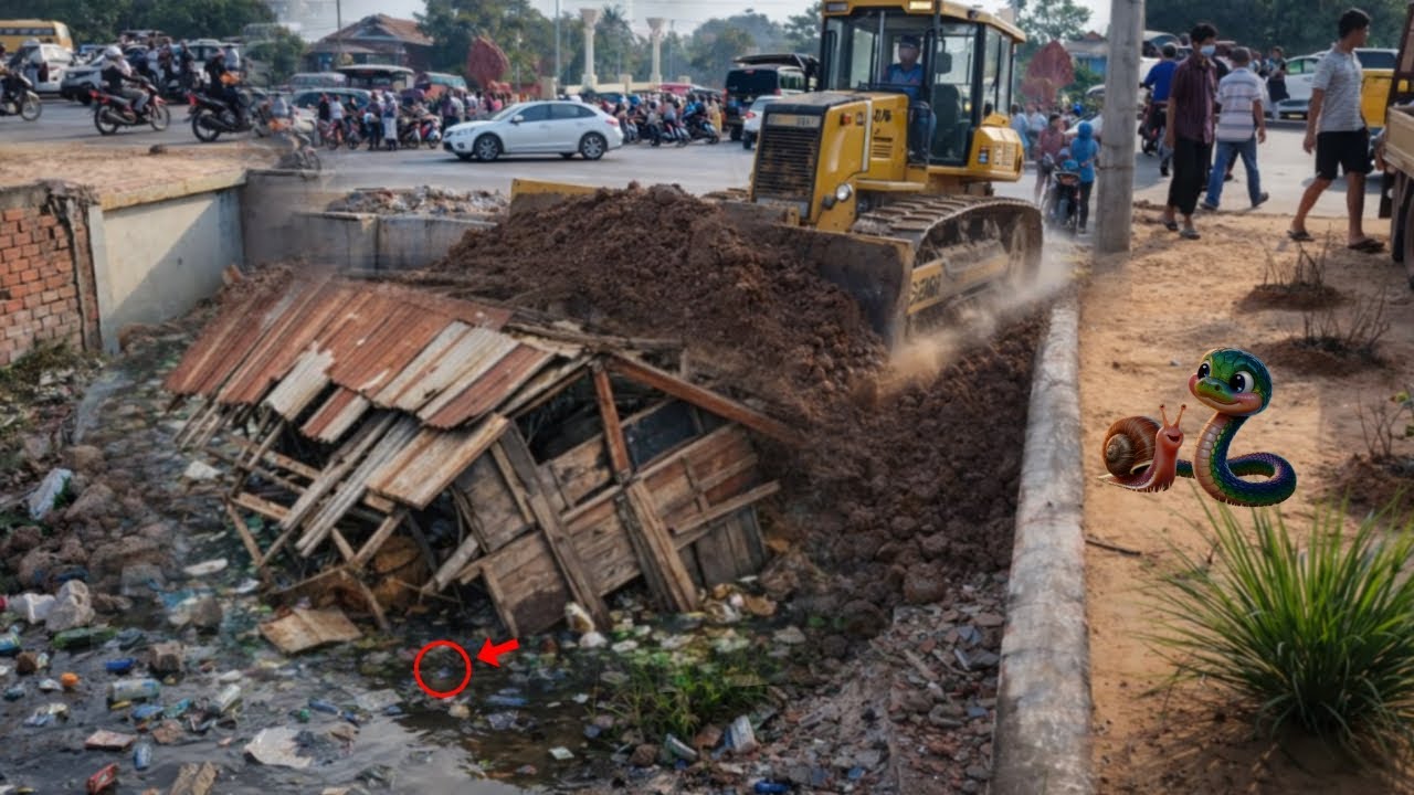 Great new project!! Complete 100% clearing, pushing soil, garbage in water the houses by Bulldozer
