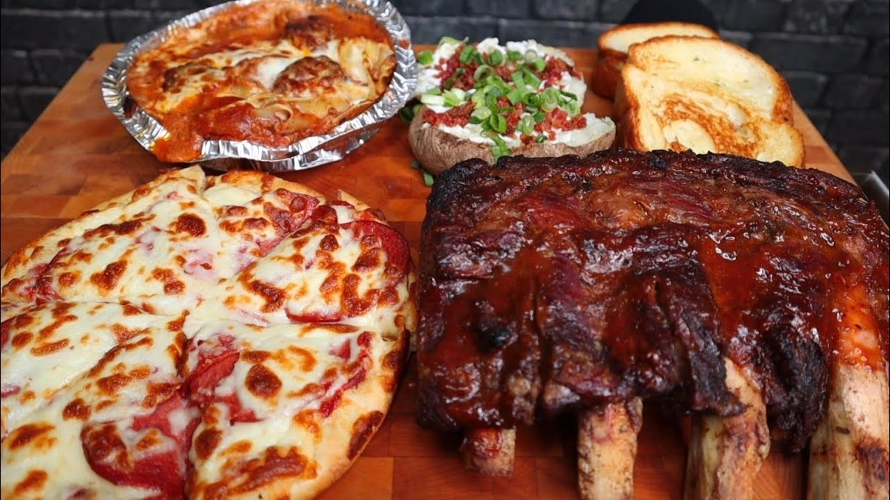 ASMR GIANT BEEF RIBS, PEPPERONI & CHEESE PIZZA, LASAGNA & MEATBALLS, AND BAKED POTATO REVIEW