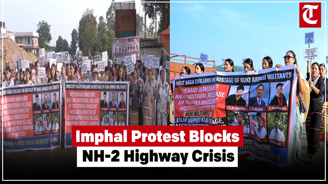 Imphal: Protesters block NH-2 at Namdilong Gate demanding release of six alleged Naga hostages now.