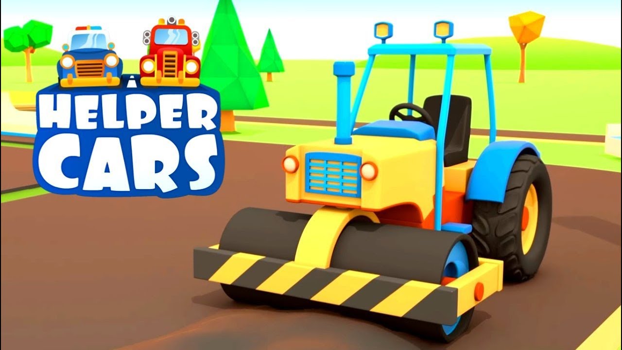 Die Helfer Autos bauen eine neue Garage. Cartoon f&uuml;r Kinder.
