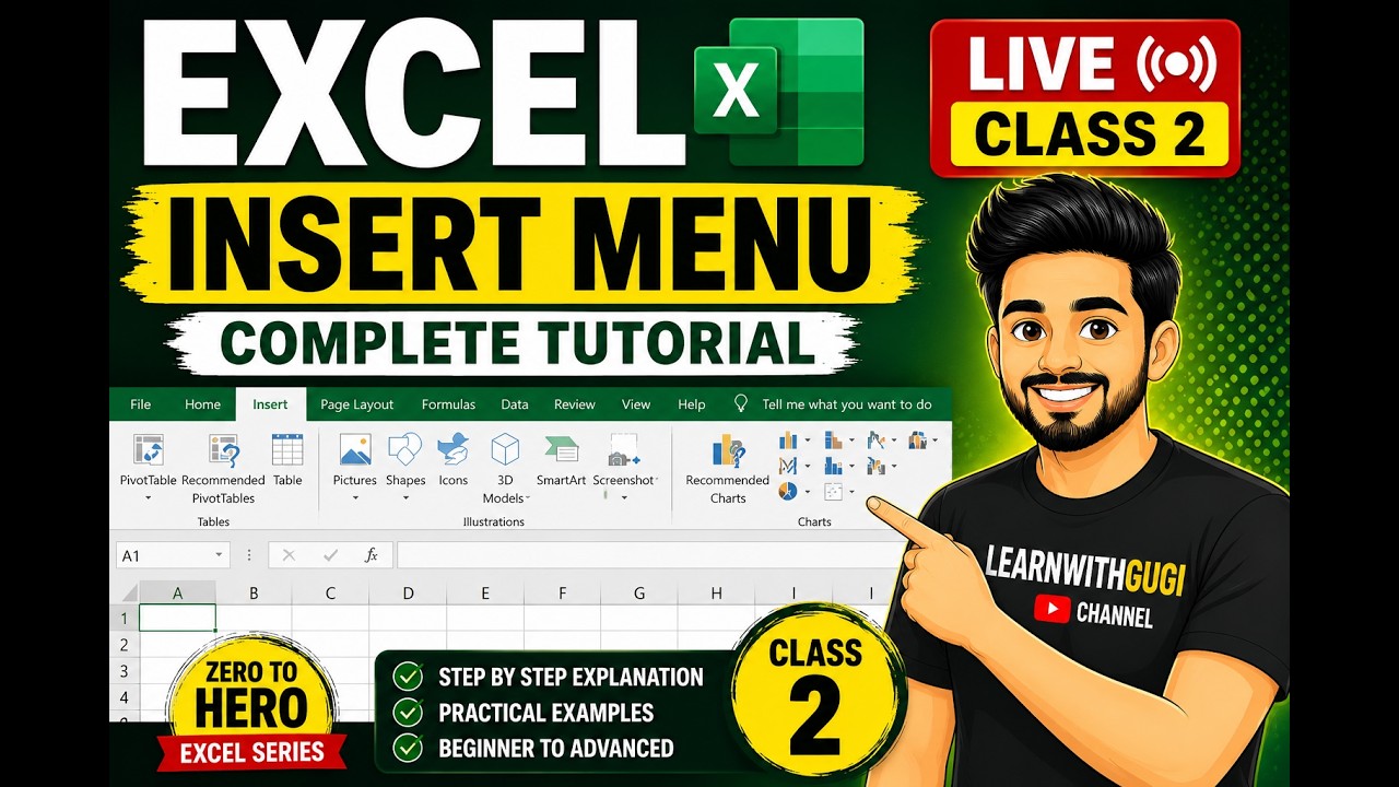Zero to Hero Excel Live Class 🔴 | 2ND  Class Basic to Advanced (Hindi) #excel #learnwithgugi