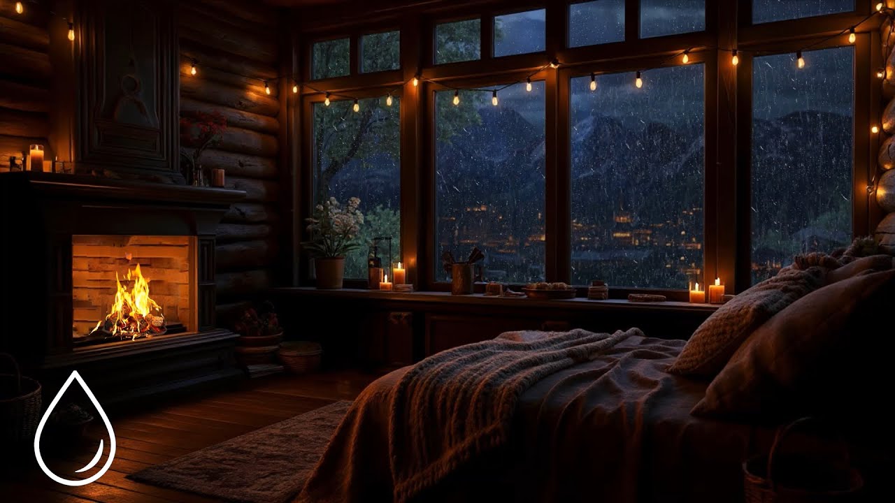Mountain Retreat with Crackling Fireplace & Thunderat in Night Forest - Rain for Insomnia Symptoms