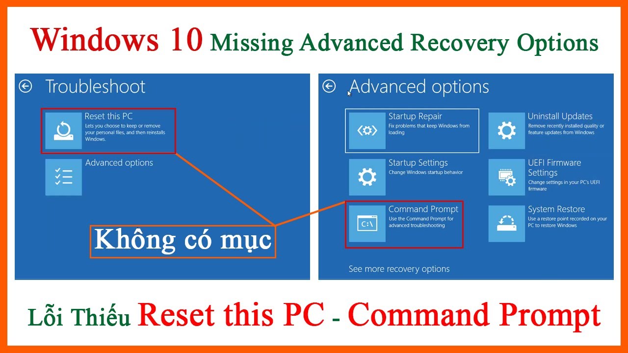 Lỗi không có Reset This PC và Command Prompt Win 10 trong Troubleshoot và Advanced Options