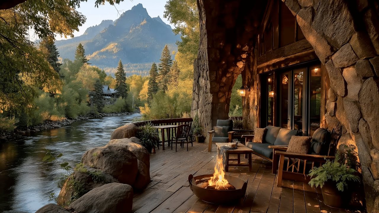Forest Riverside Porch Serenity | Stone Cabin, Water & Nature Sounds for Peace, Relaxing Summer