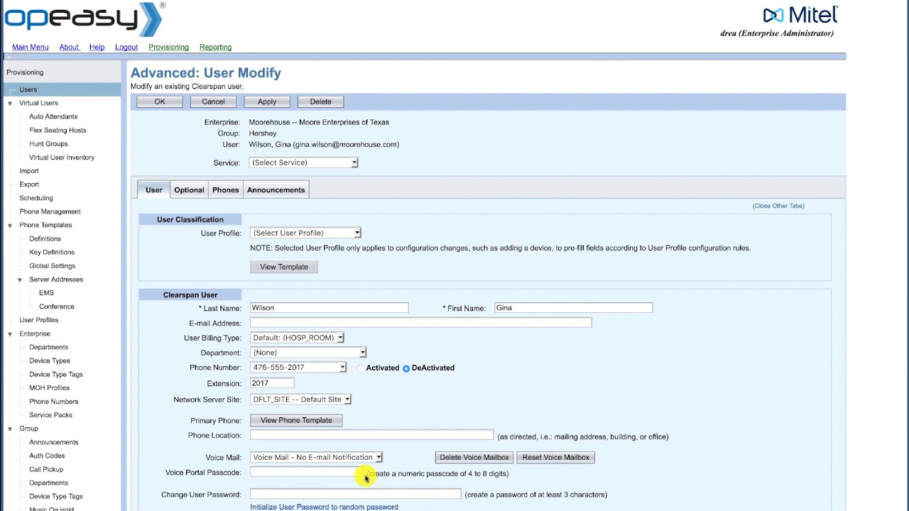 Mitel OpEasy v. 10: Changing a User's Password or Passcode