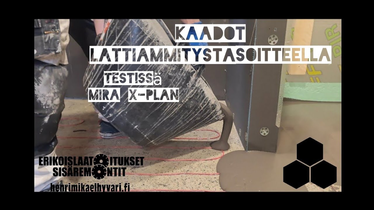 Kaatojen tekeminen Mira X-Plan lattialämmitystasoitteella. Leveling bathroom floor with Mira X-Plan