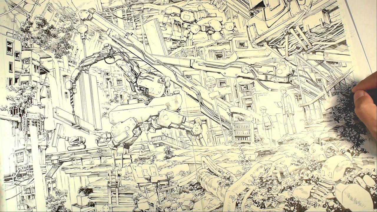 背景メインの見開原稿を描く : Draw MANGA background　漫画原稿（下絵・ペン入れ）