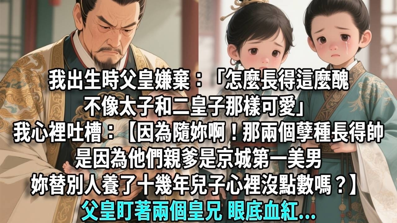 我出生時父皇嫌棄：「長得這麼醜，不像太子和二皇子那樣可愛。」我翻了個白眼，心裡吐槽：【因為我隨你啊！那兩個孽種長得帥，是因為他們親爹是京城第一美男，你替別人養了十幾年兒子心裡沒點數嗎？】父皇的手指