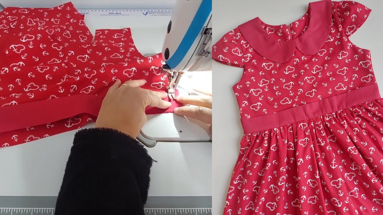 COMO COSTURAR VESTIDO INFANTIL COM GOLA BONECA FAIXA CINTURA E MANGA COPINHO #costurainiciantes