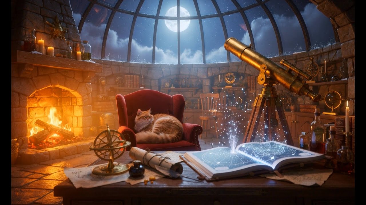 Starlit Library Observatory 🔭🔥 | Warm Fireplace & Night Sky Ambience | 2 Hours Study / Sleep