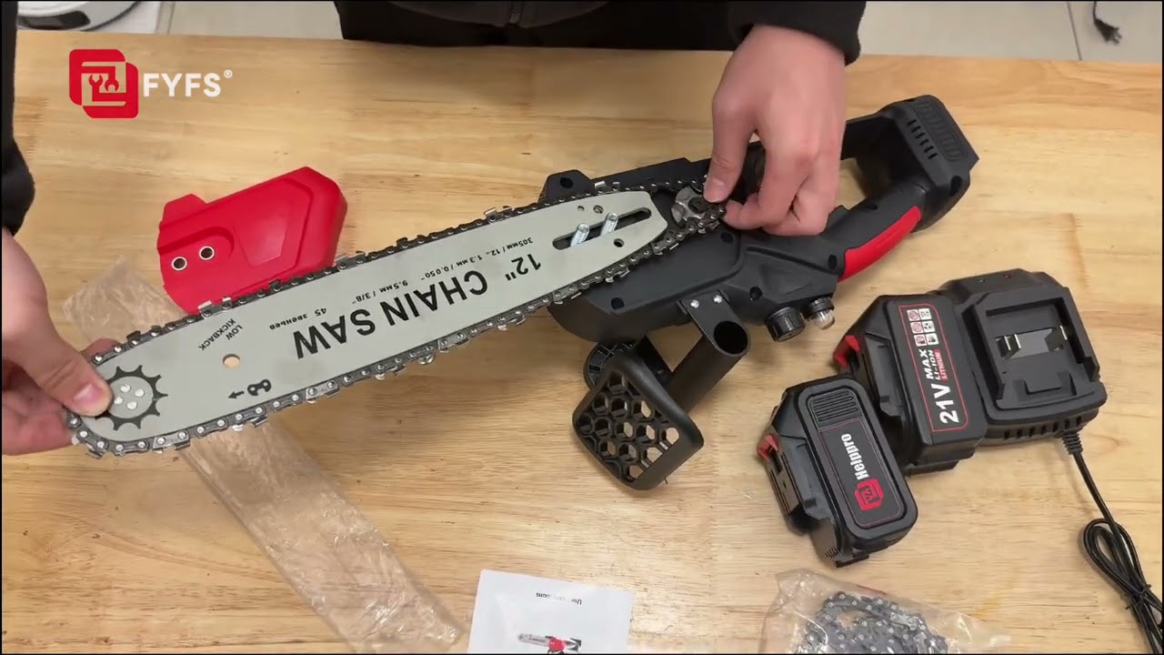 FYFS 21V 12인치 브러쉬리스 충전 체인톱 (체인 2개 + 배터리 2개 포함)
