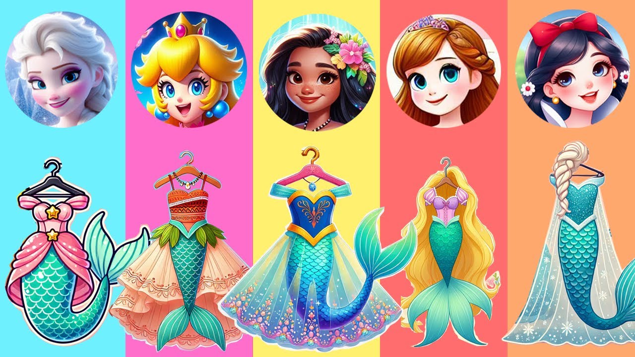 [Papergame] Elsa, Peach, Rapunzel Moana & Anna Become Princess DIY Paper Sticker Book Fashion #エルサ