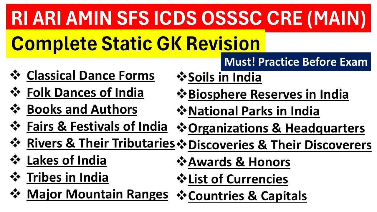 Complete Static GK Quick Revision For RI ARI AMIN SFS ICDS | OSSSC CRE MAIN 2025 || Exams Odia ||