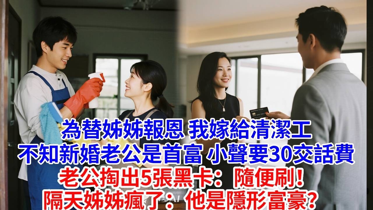 為替姊姊報恩，我嫁給清潔工。不知新婚老公是首富，小聲要30交話費，老公掏出5張黑卡：隨便刷！隔天姊姊瘋了：他是隱形富豪？ #婆媳故事#為人處世#生活經驗#情感故事#故事#小說#戀愛#情感#婚姻