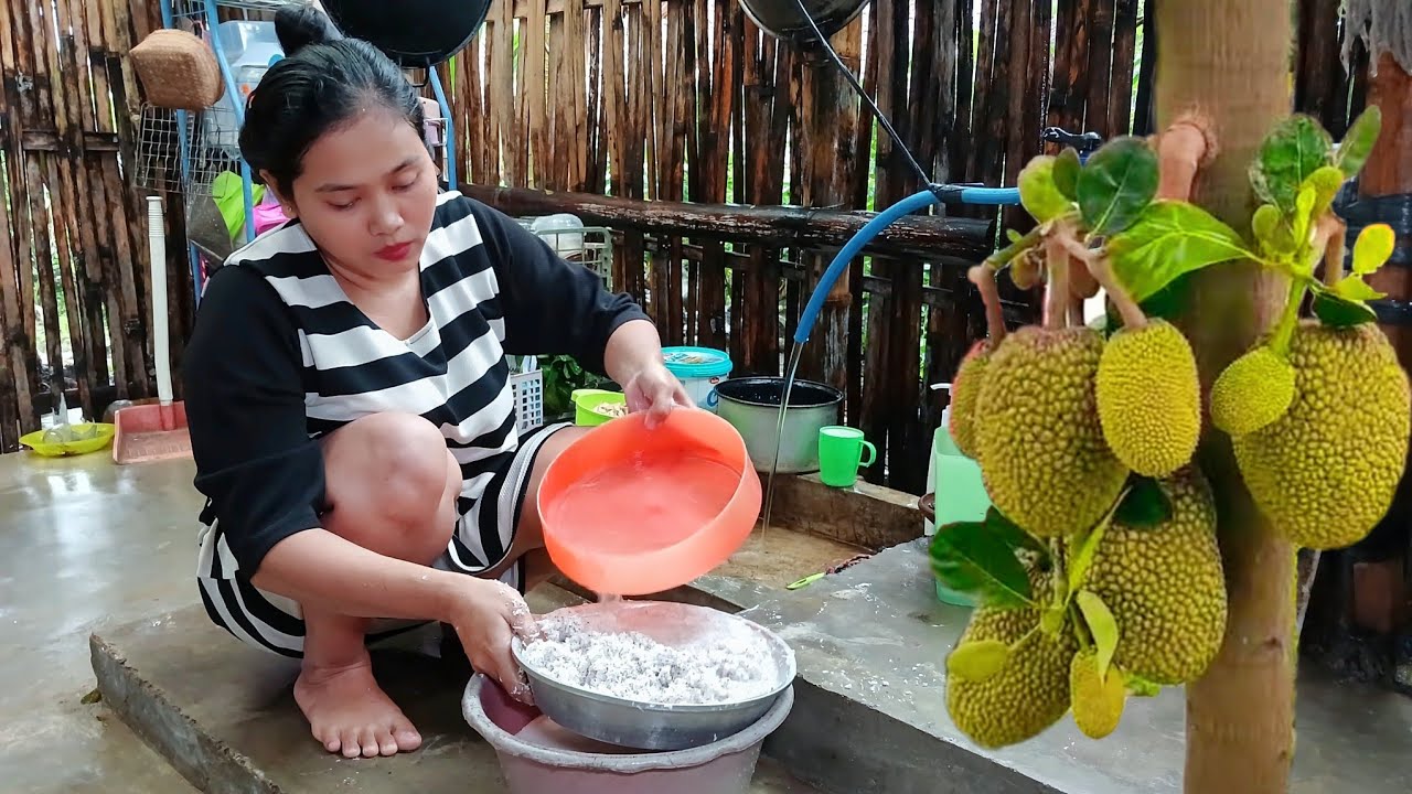 RAINY ATMOSPHERE IN THE KITCHEN COOKING YOUNG JACKFRUIT WITH BOILED CASSAVA LEAVES