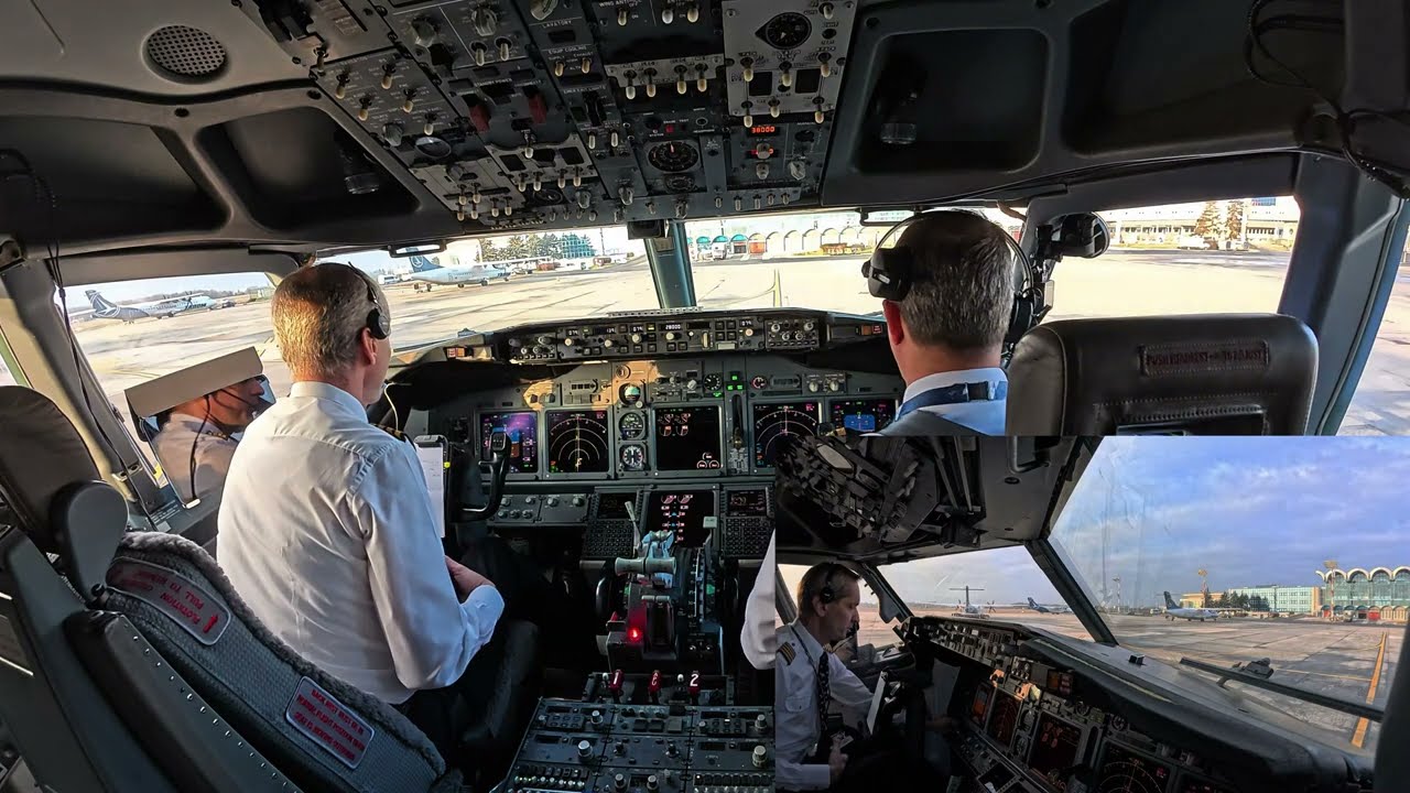 Pilot Cockpit View Startup And Take Off at Bucharest Airport RWY 08R - turbulence - Boeing 737