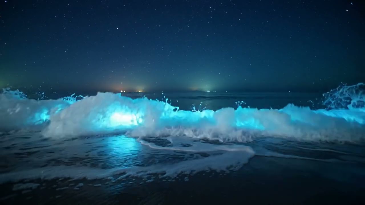 Magical Bioluminescent Beach 🌊 Glowing Blue Waves at Night | Sleep & Meditation 4K