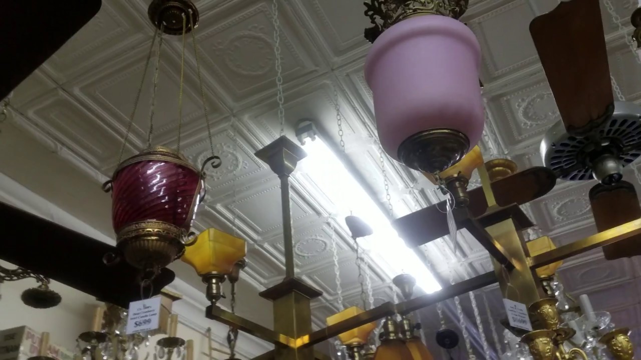 Ceiling fans and light fixtures in an antique store