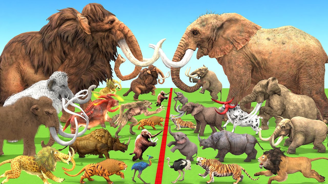 Prehistoric Mammals VS Modern Mammals Size Woolly Mammoth Vs Mastodon Elephant Animal Epic Battle