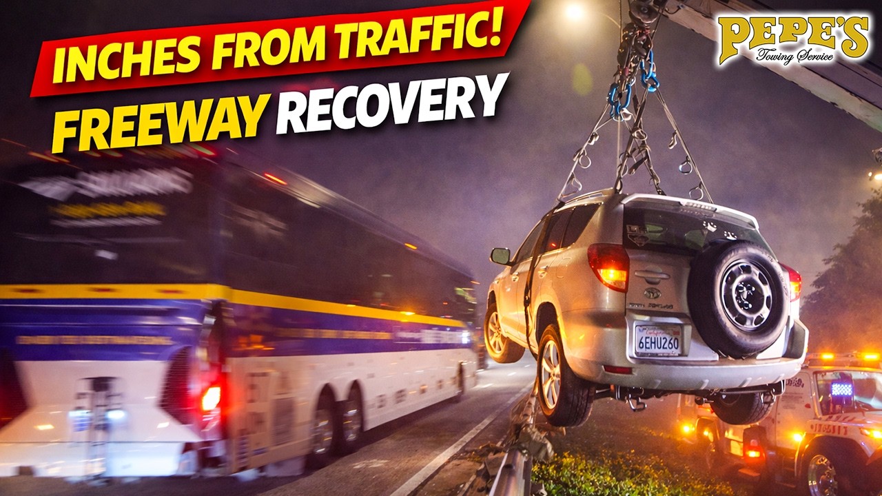 Recovering This SUV Inches From Freeway Traffic