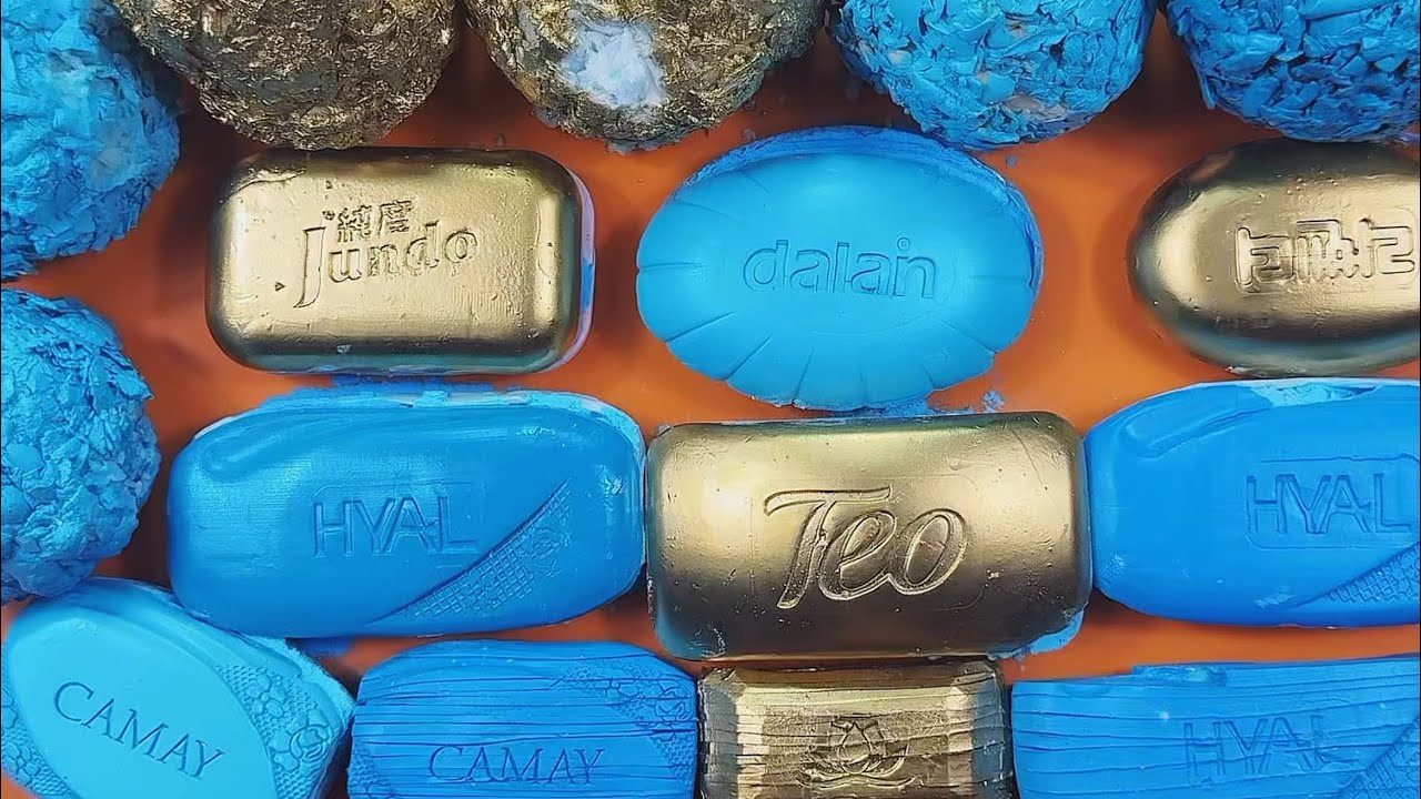blue and gold asmr soap crunch with starch,foam and glitter 💛🩵
