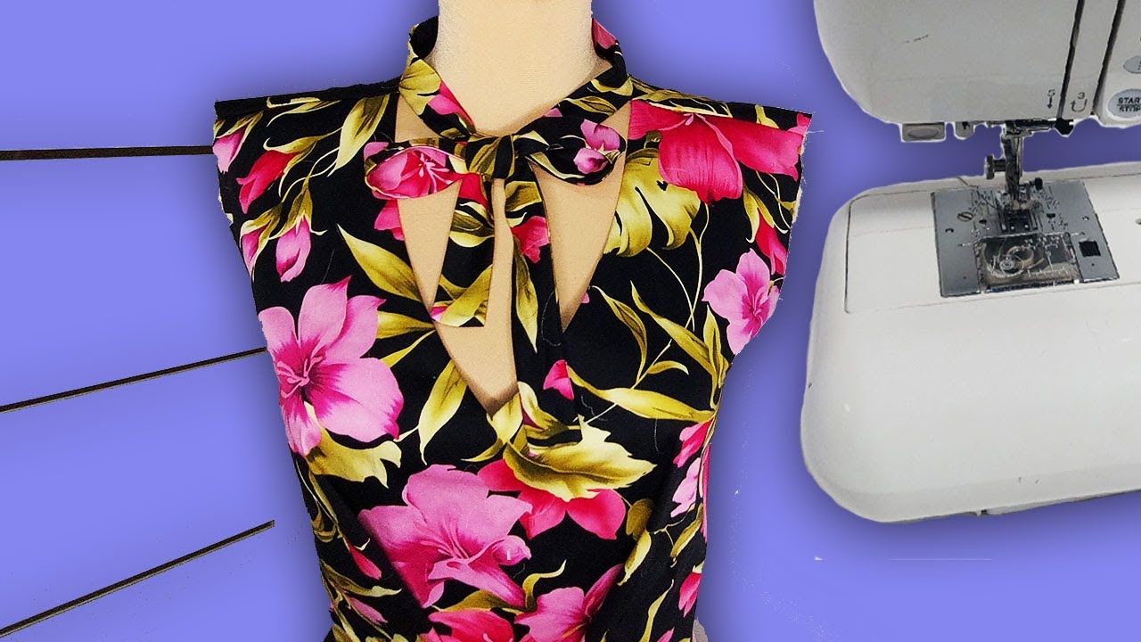 The sewing technique of a stand collar that turns into a bow with a V-shaped neck