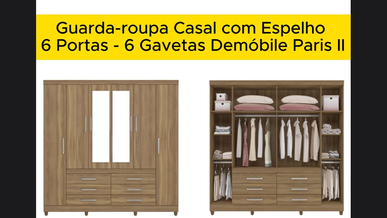 montagem Guarda-roupa Casal com Espelho 6 Portas - 6 Gavetas Demobile Paris II #diy #montagem