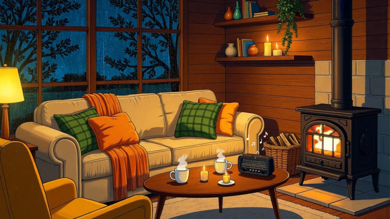 listening to soft vintage oldies in a cozy room cottage on a rainy night for sleep, relaxation