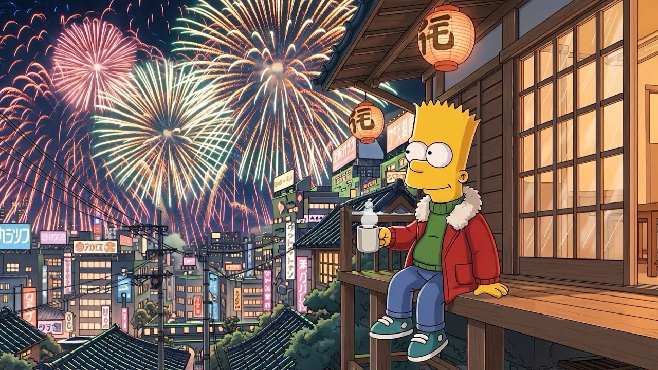 Bart's Happy New Year Japan Night 🎆 Relaxing Lofi Beats for Chill 🌃 Peaceful Lofi Vibes