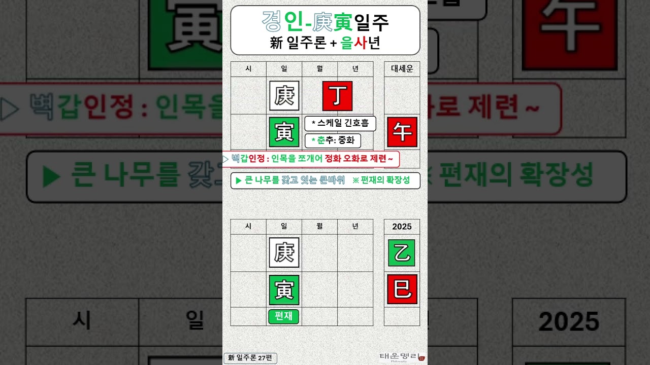 경인일주 / 스케일 긴호흡 / 벽갑인정 / 재생살 살인상생 / 新 일주론 27편 / 사주명리 / 사주풀이 / 운세 2025 / 을사년 경금 / #사주명리학독학 /  #왕초보사주