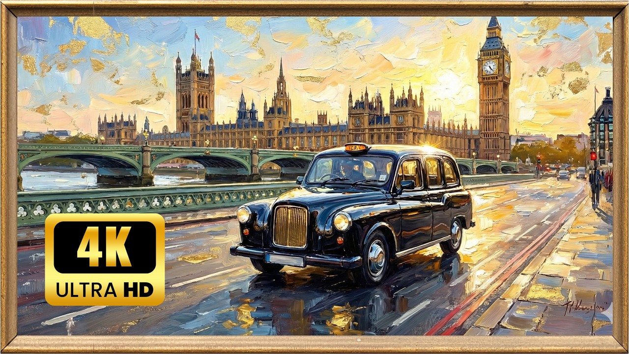 2-Hour Relaxing London Sunset 4k Screensaver | Big Ben, Black Cab, and Parliament Painting