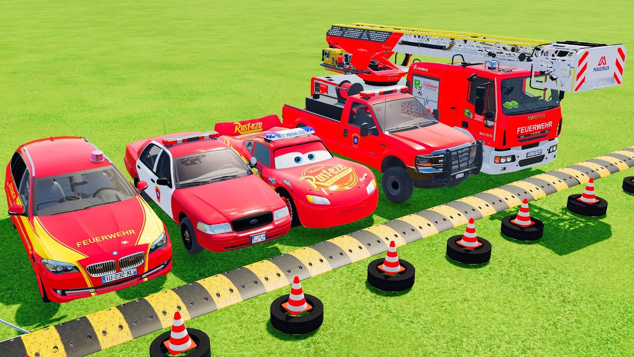 DACIA, MCQUEEN CAR, FORD POLICE CARS, AMBULANCE EMERGENCY TRANSPORTING WITH TRUCKS ! FS22 0202 #7