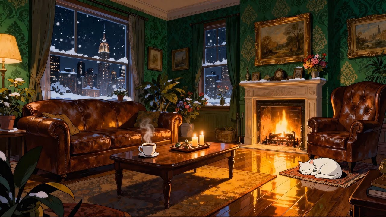 ❄️ Cozy Winter Living Room – Fireplace, Soft Jazz & City Night View