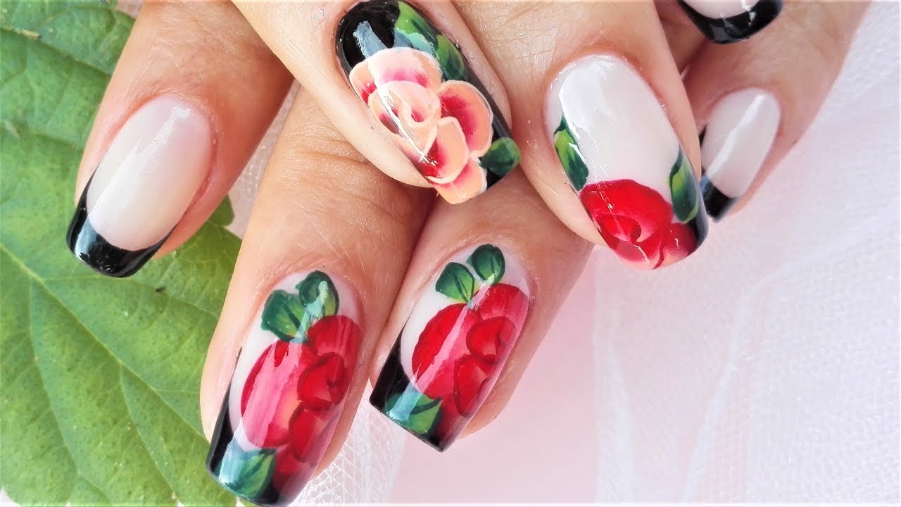 Facil diseño de uñas con rosas - DECORACION DE UÑAS FRANCÉS - Decoración de uñas flores pinceladas