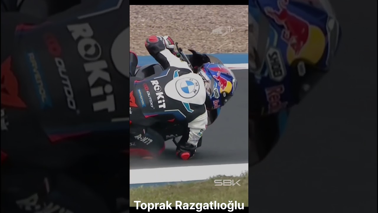 Toprak Razgatlıoğlu virajda dirsek diz ve ayak ucundan g&uuml;&ccedil; alıyor. BMW motorrad WorldSBK Team