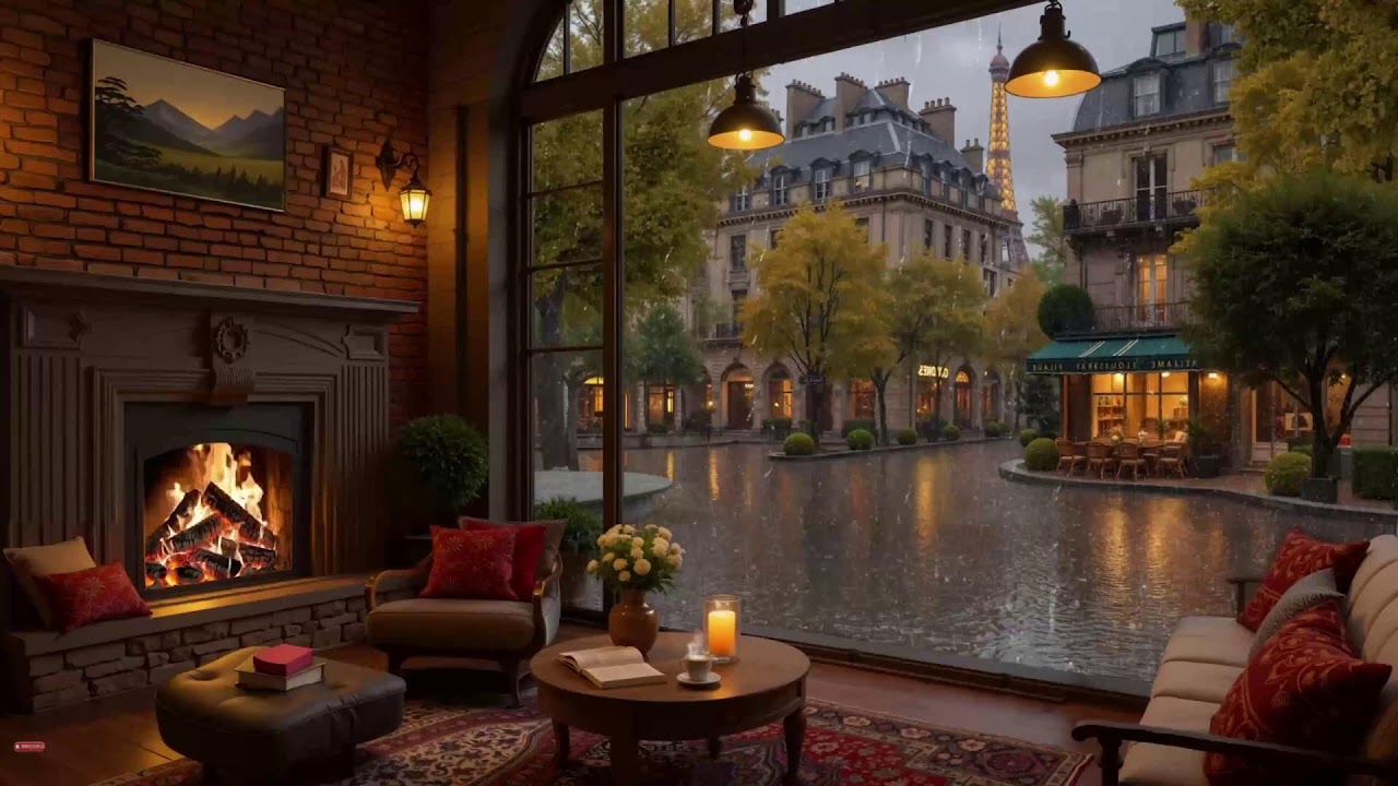 Soft Focus Smooth Jazz ☕ Coffee Shop Ambience with Rainy Sounds & Fireplace for Relax & Study