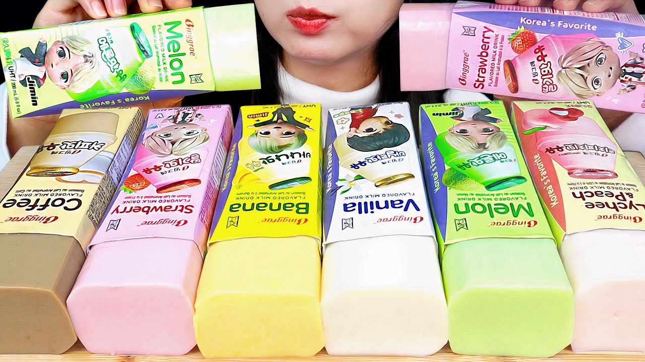 ASMR PUDING SUSU KOTAK 🧃 BINGGRAE TINYTAN BTS - STRAWBERRY, BANANA, MELON, COFFEE, VANILLA