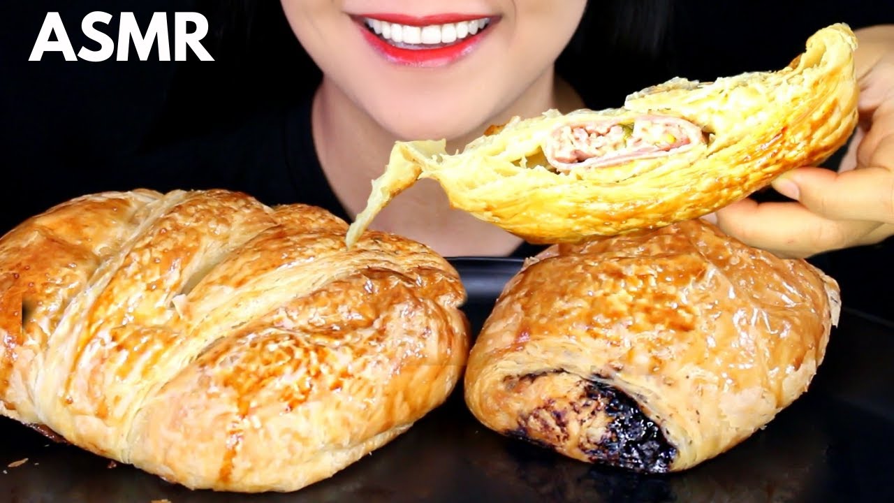 ASMR Crunchy Croissants Chocolate, Ham & Cheese EATING SOUND MUKBANG