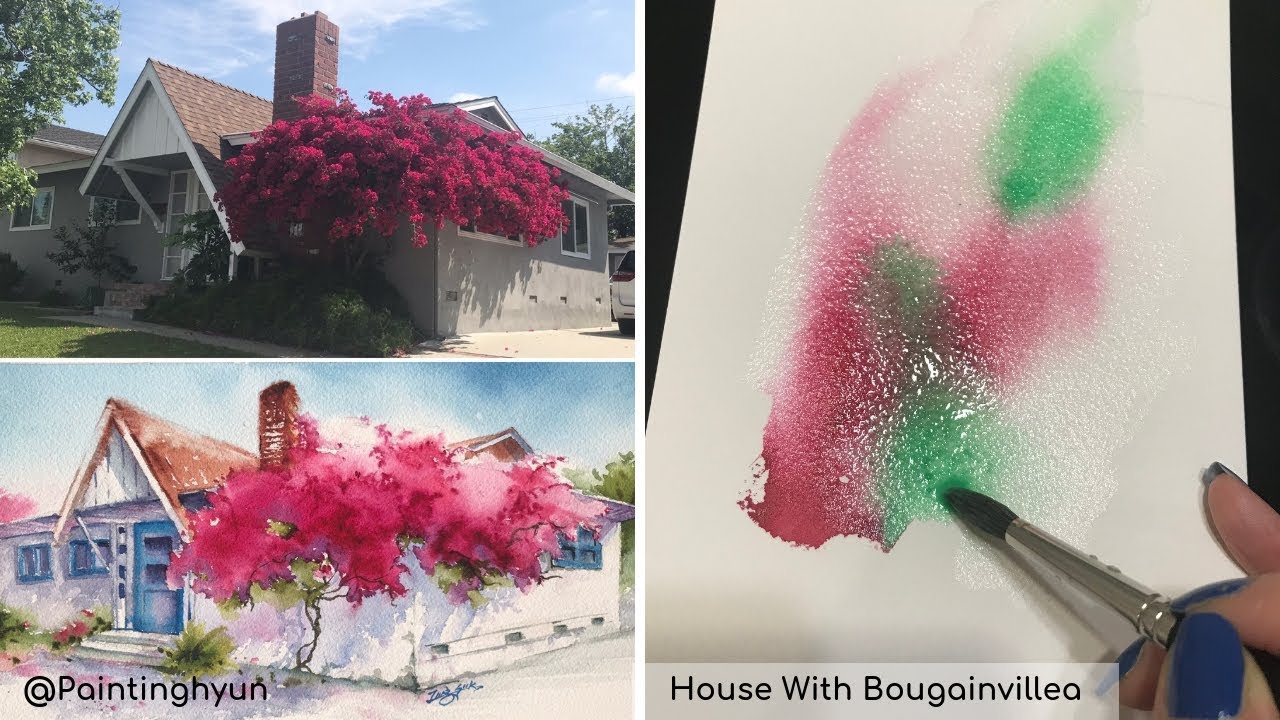 Painting In Watercolor - House With Bougainvillea / Flowers / House / Tutorial