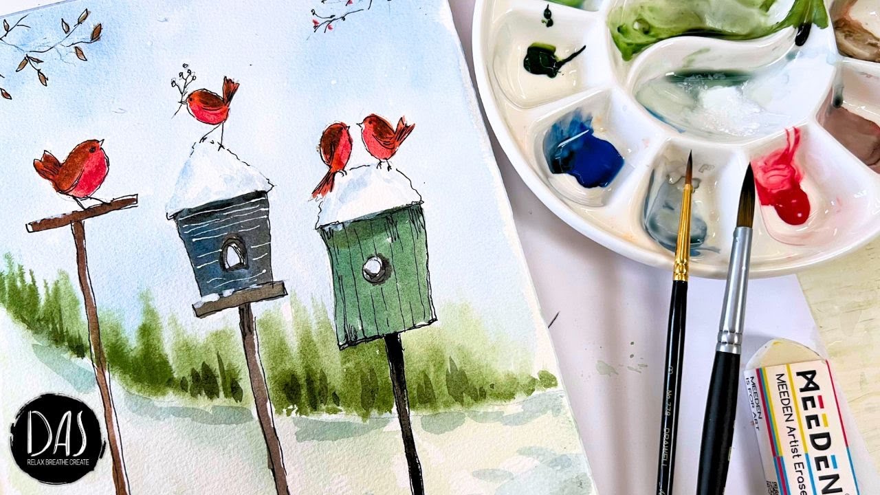 Watercolor Robins on Bird Tables in the Snow - simple winter landscape