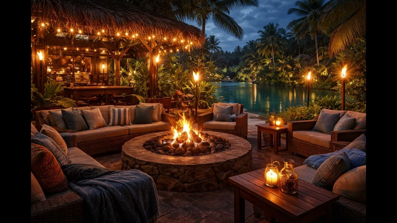 Tropical Fire Lounge Ambience 🌴 Cozy Fire Pit by Lagoon | Relaxing Island Vibes Music for Relaxation