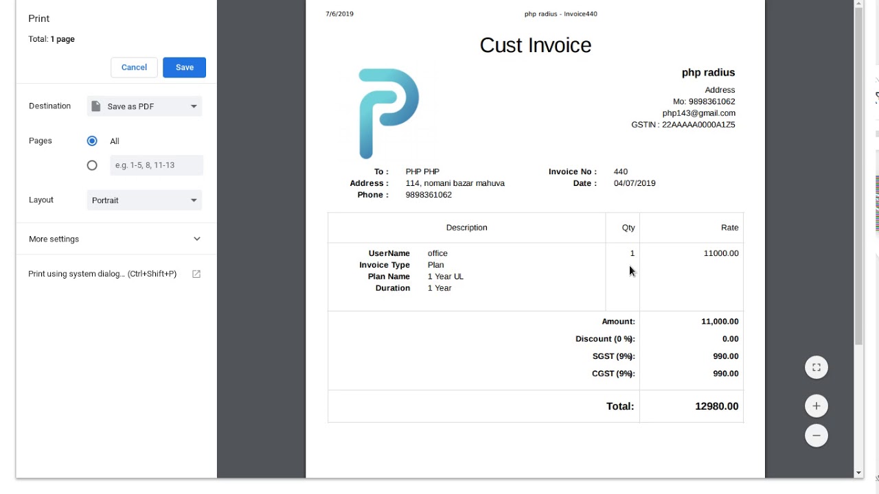How to Print Invoice | PHP Radius