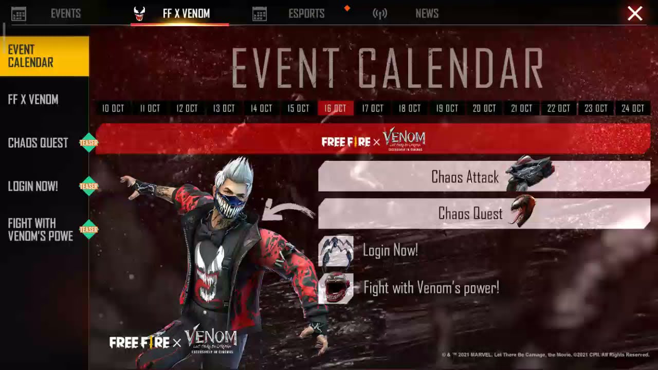 Free fire VENOM event calendar win every day login